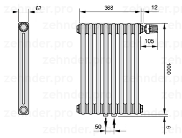 Схема (чертеж) Радиатор Zehnder Charleston 2100/8 №V008 Белый глянцевый RAL 9016